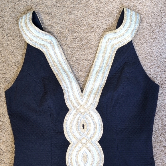 Lilly Pulitzer Valli Navy Shift Mini Dress Silver Gold Metallic Trim 00 - Picture 14 of 15
